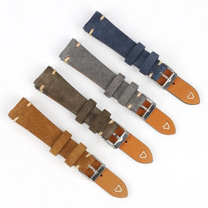 Genuine suede leather watch strap in brown, shown detached, with 20mm and 22mm width options.