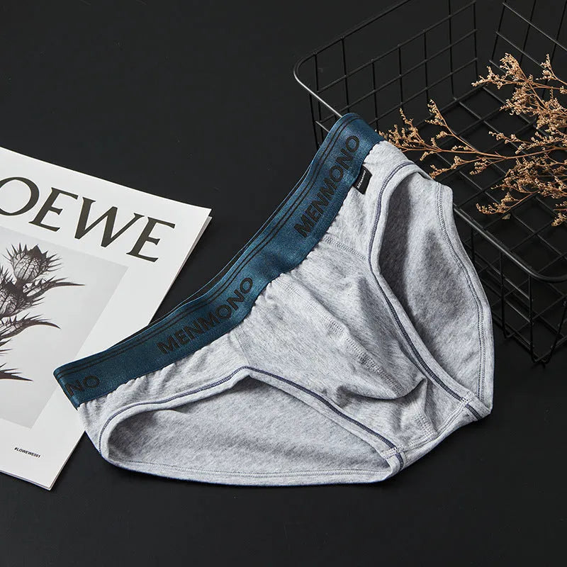 Men's low waist cotton briefs in a grey and red colour combination on a white background.