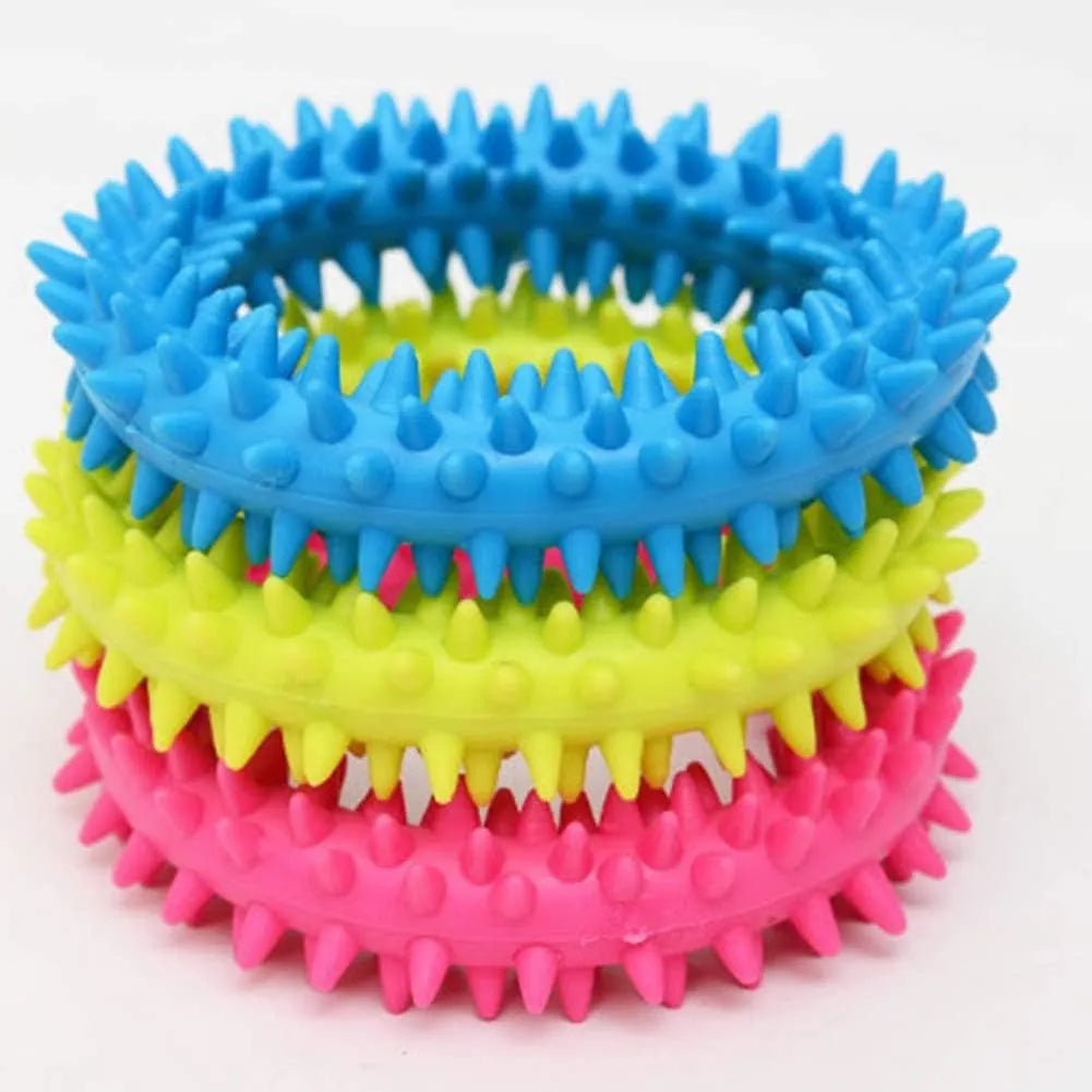 TPR spiky circle dog chew toy 9.5cm diameter in six colour options