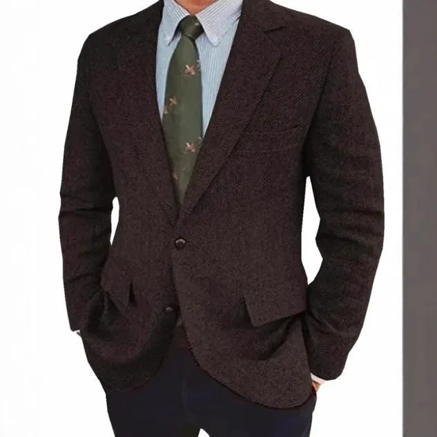 Men's brown herringbone suit jacket with long sleeves and retro business casual style