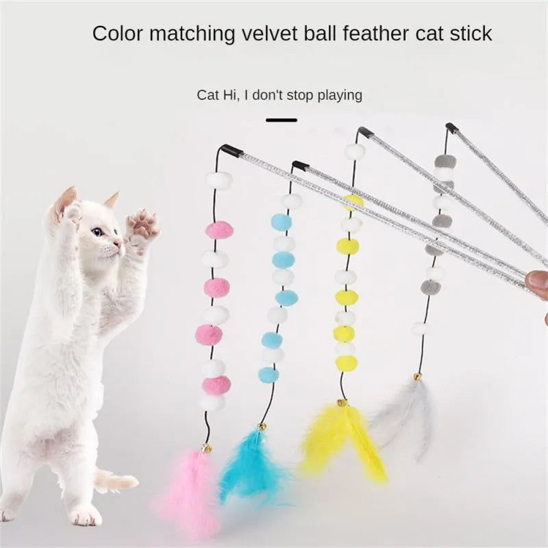 Colourful cat teaser toy rod with bell and pompon feather attachment on grey background