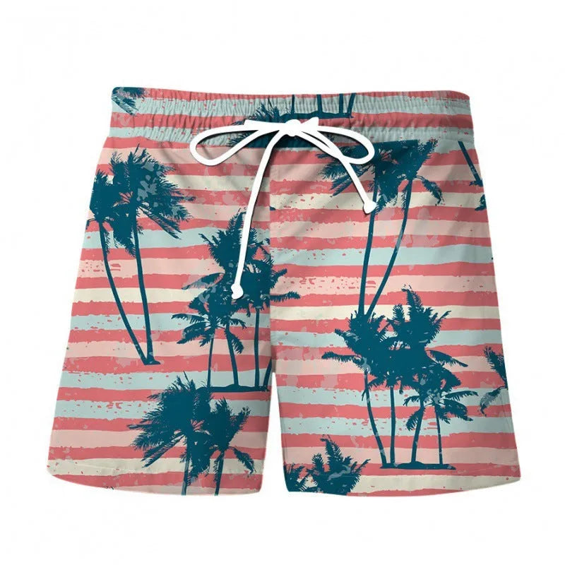 Men's 3D digital printing beach shorts with Hawaiian pattern, polyester fabric, micro-elastic waist