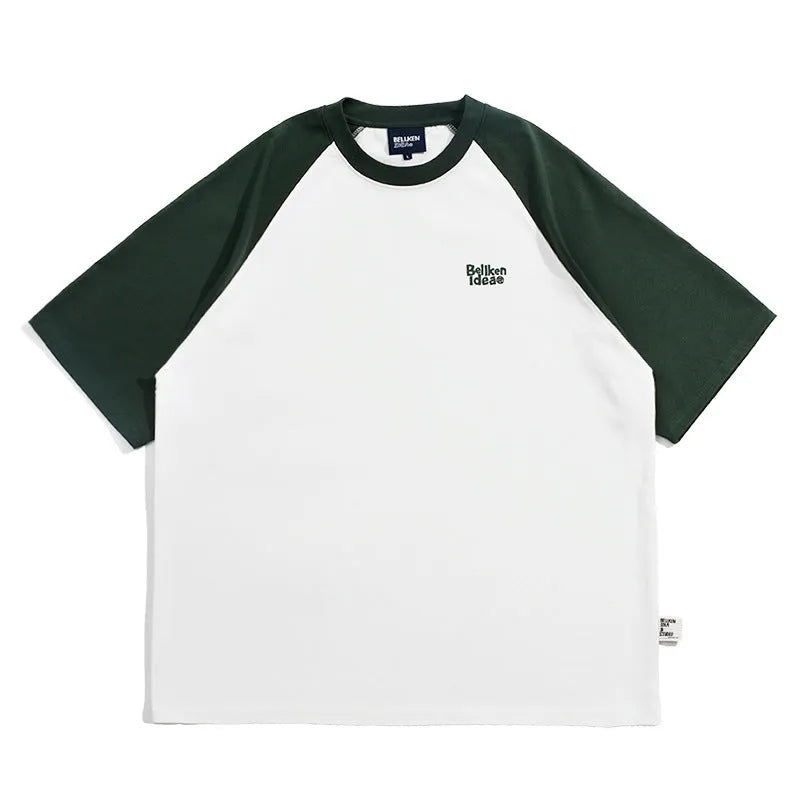 Men's blue Japanese raglan sleeve T-shirt with loose pullover fit on hanger