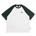Men's blue Japanese raglan sleeve T-shirt with loose pullover fit on hanger