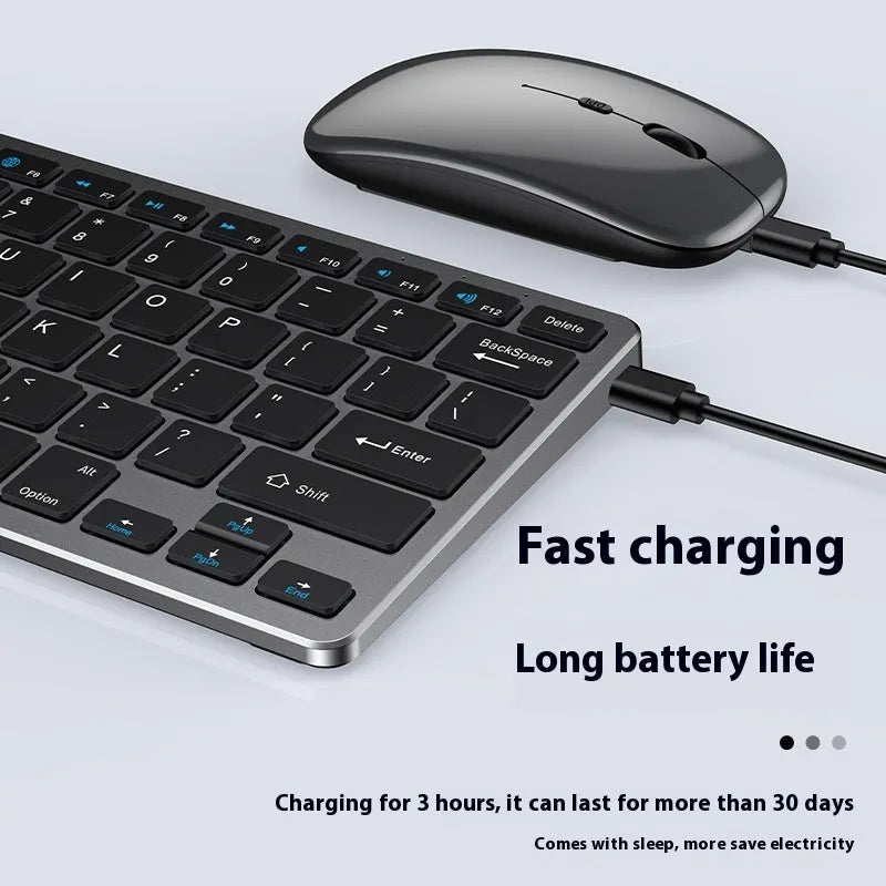 Ultra-thin wireless keyboard and silent mouse set in black, gun metal, or silver with Bluetooth and 2.4GHz connectivity