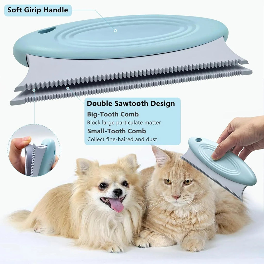 Three-piece pet hair remover set showing a metal lint shaver, a silicone brush, and a round plastic scraper.