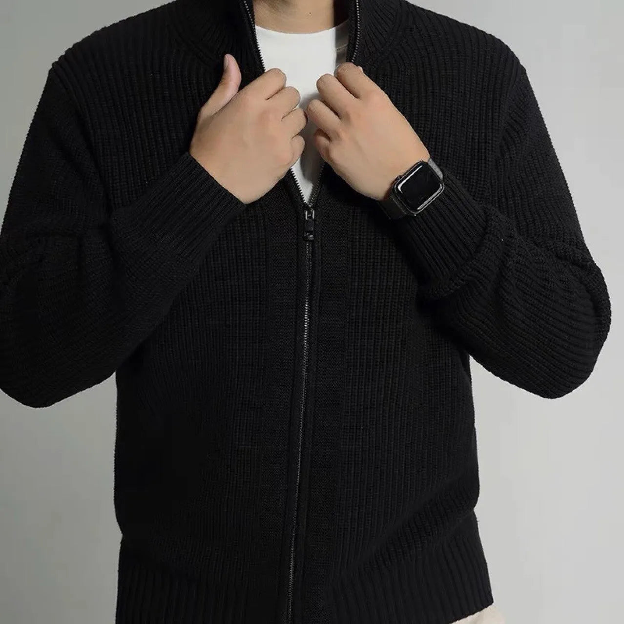 Men's black modal loose fit cardigan casual sweater front view