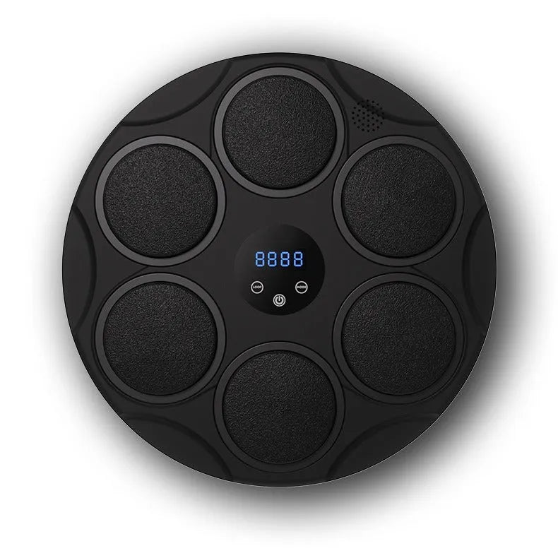 Black wall-mounted boxing target with coloured LED lights and Bluetooth connectivity for fitness training