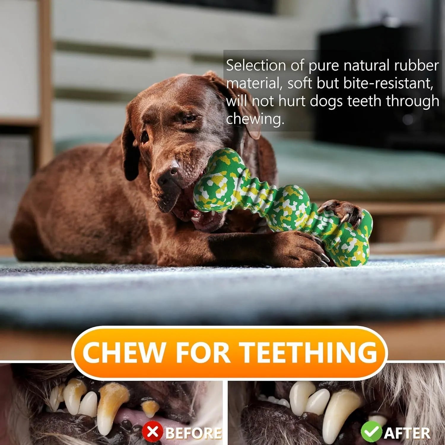USDA Organic natural rubber dog chew toy with camouflage pattern for medium and large breed dogs