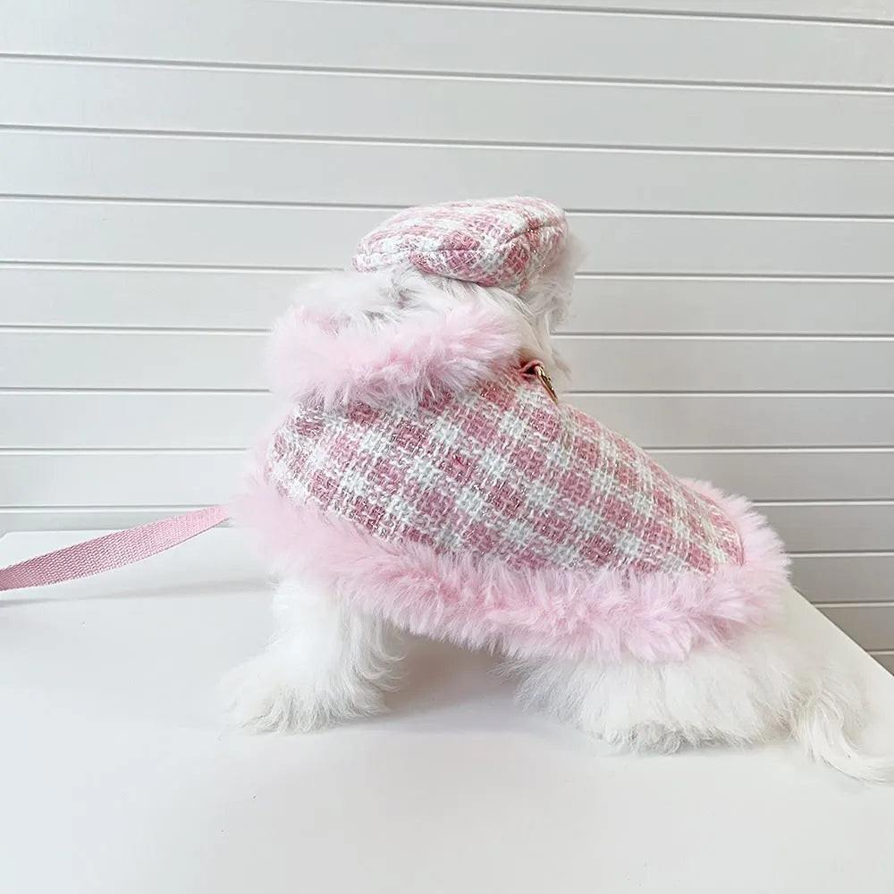 Cat wearing pink beret and matching cloak costume with hand-holding rope