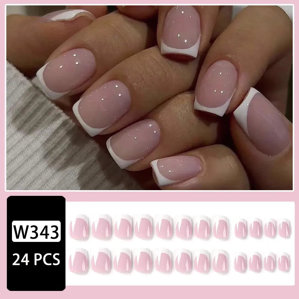 24 white plaid patterned press-on nail tips arranged in a box