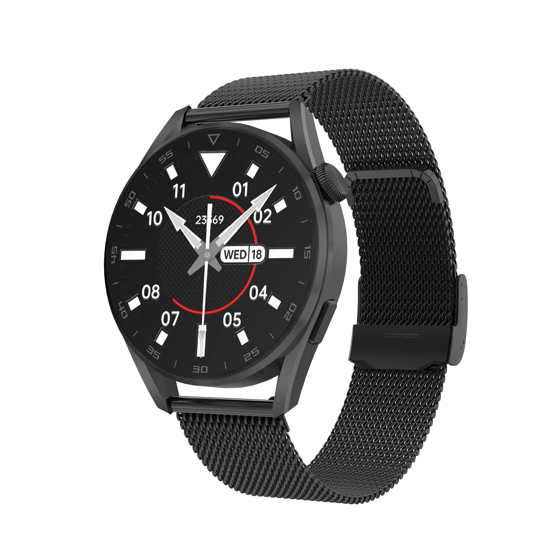Bluetooth smart watch with 1.3-inch display showing call interface and QR scanner, available with metal or leather wristband