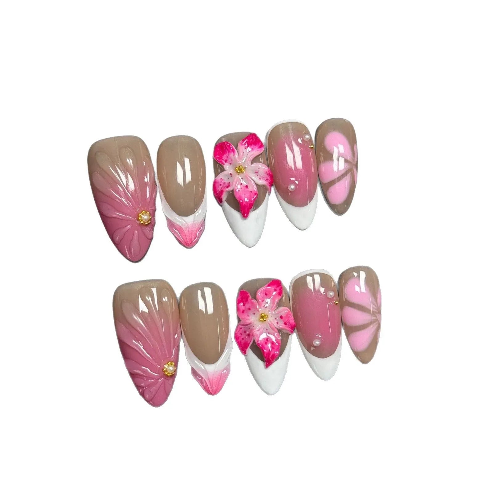 French style 3D nail art decals with fluid ice flower and lily designs in plastic almond shape wearables