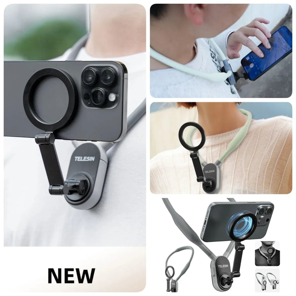 Silicone phone magnetic neck mount with 16 neodymium magnets in gray and sapphire blue, showing magnetic pad and anti-drop rope