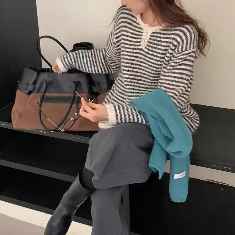 Women's red and blue striped cashmere pullover sweater with plaid pattern