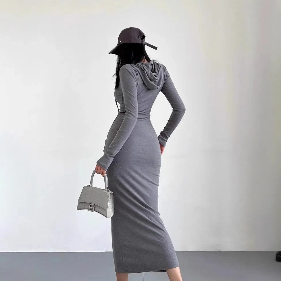 Women's grey hooded sheath dress with long sleeves and high waist