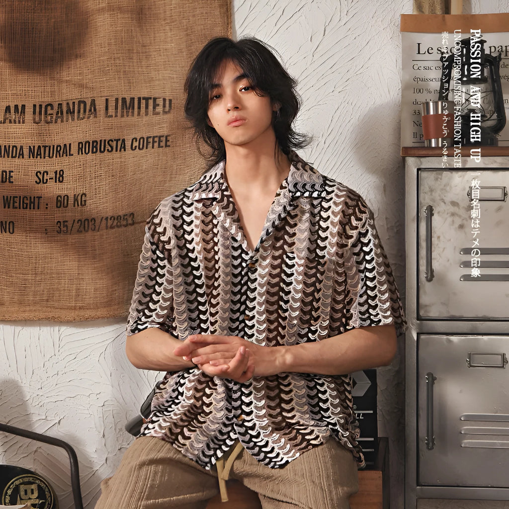Grey Japanese-style men's short sleeve shirt with Cuban collar and textured jacquard fabric, slim fit for plus size.