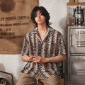 Grey Japanese-style men's short sleeve shirt with Cuban collar and textured jacquard fabric, slim fit for plus size.