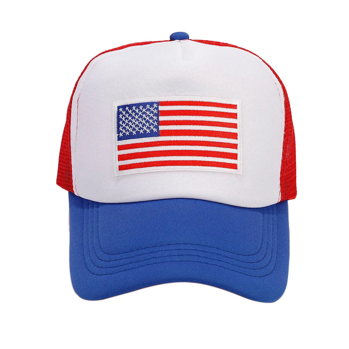 Red and blue contrast mesh adjustable baseball cap on a solid background