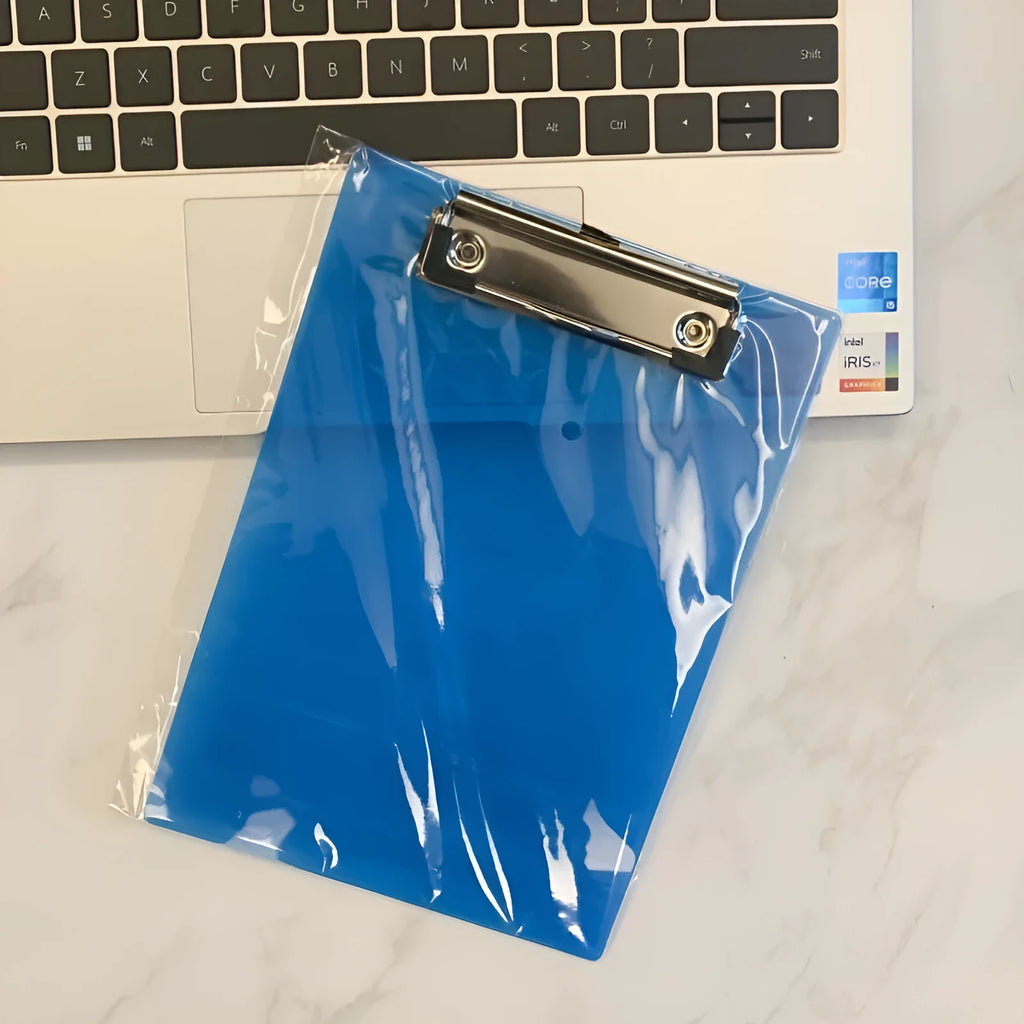 Transparent A4 writing board pad with metal clip holding documents, available in blue, green, red, and white colours
