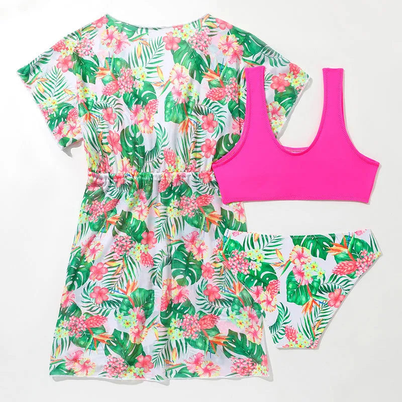 Girls' floral two-piece swimsuit with matching split overlayer in polyester fabric