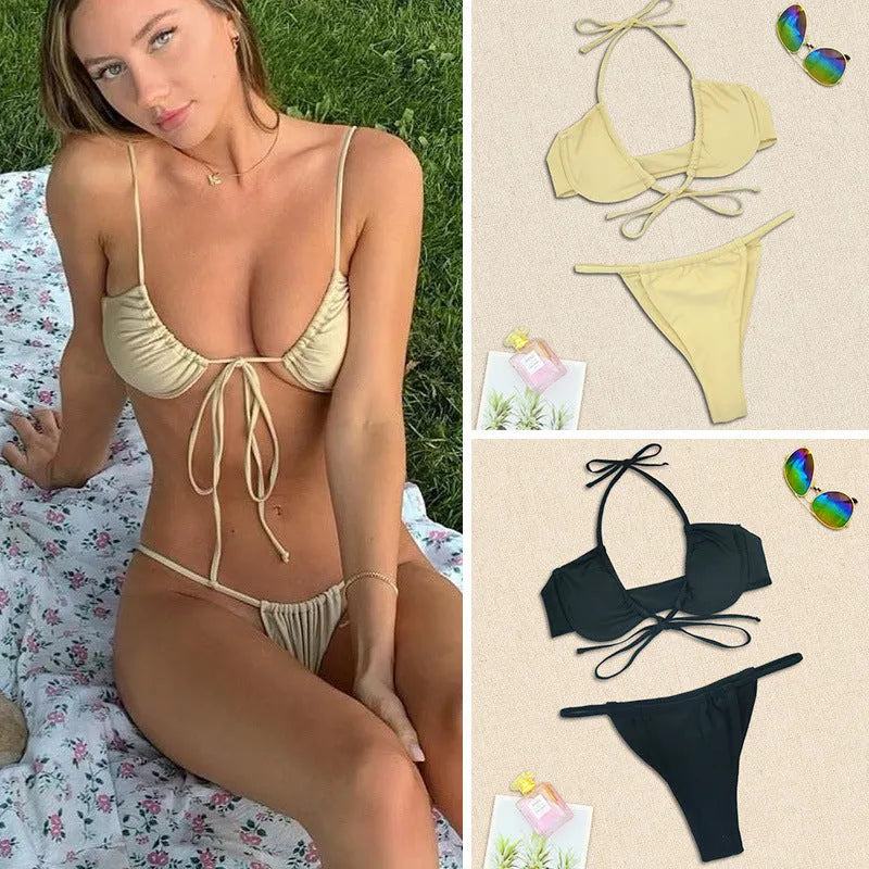 Women's black and mint green fashion split bikini swimsuit with nylon fabric