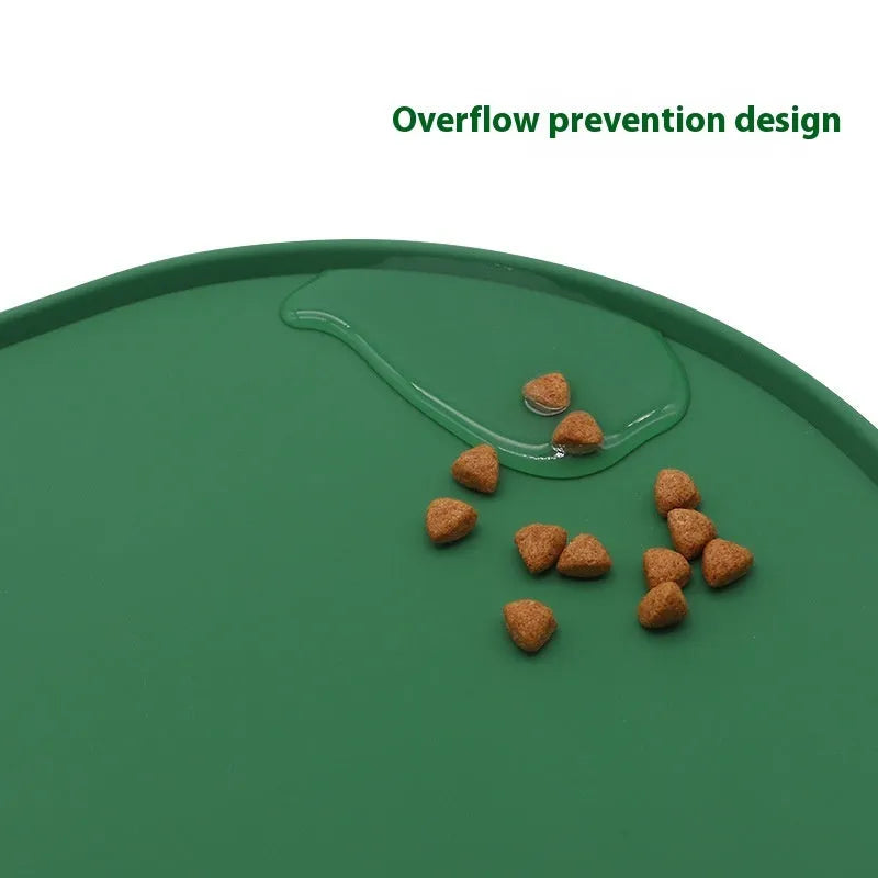 Silicone waterproof placemat for cat food and water bowls in beige colour on a wooden floor.