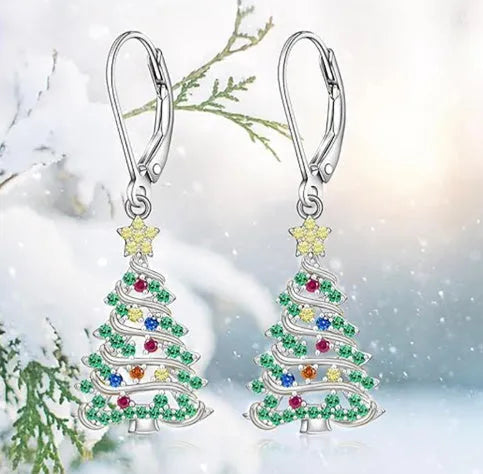 White gold colour Christmas tree earrings with star-shaped copper pendant design