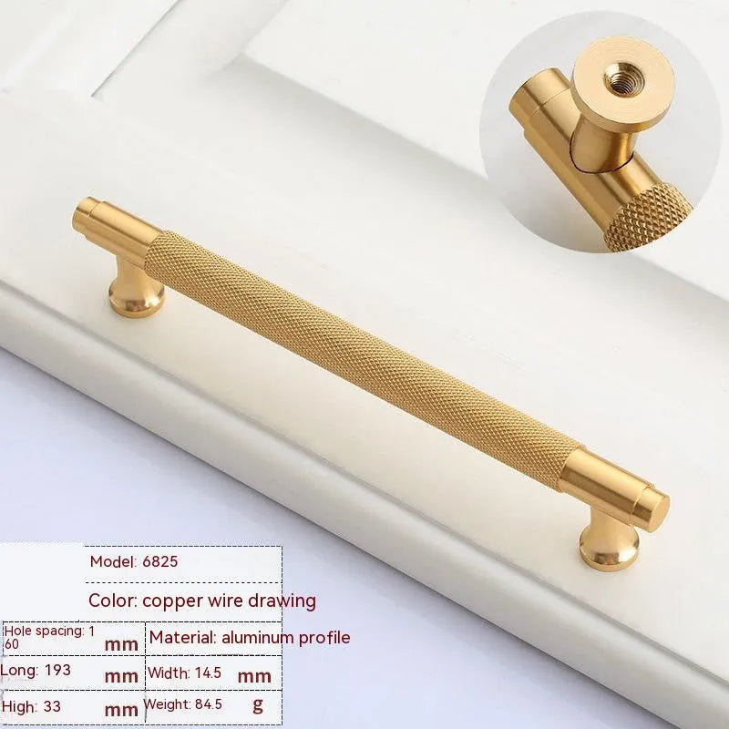 Brushed brass aluminium alloy furniture handle on a white background, showing hole spacing options.