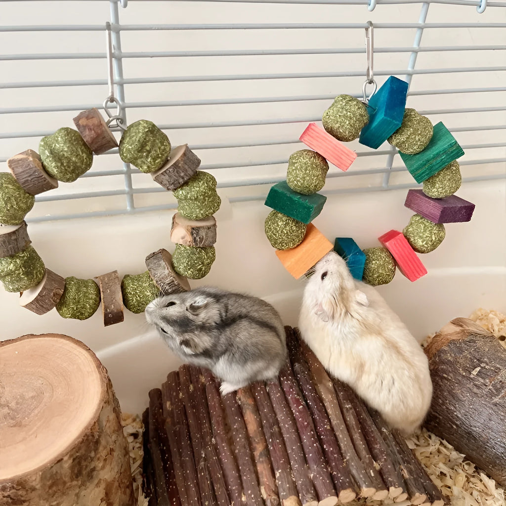 Hamster toy with woven straw ball ring and attached chew rod, shown in two colour variants.