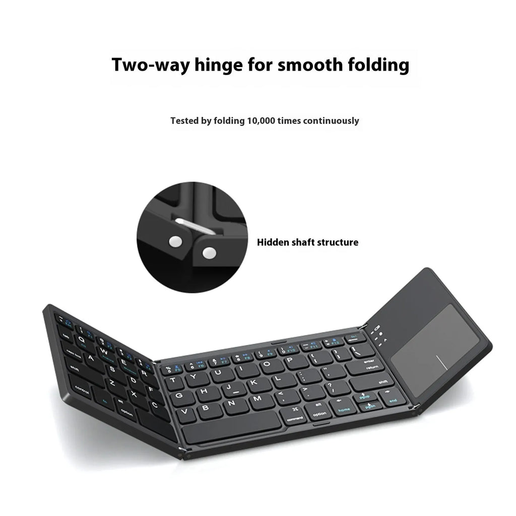 Mini tri-fold Bluetooth keyboard showing folded compact size with silver ABS plastic finish