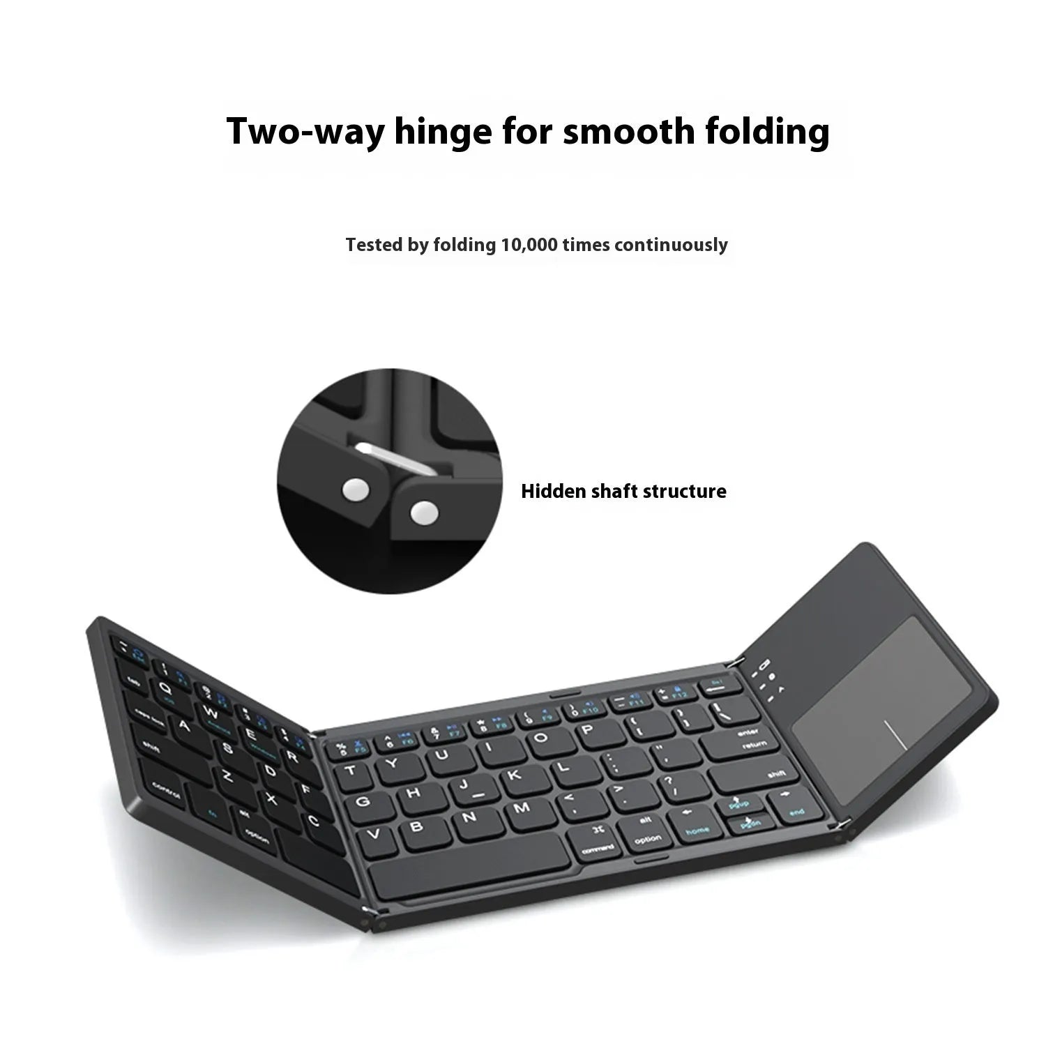 Mini tri-fold Bluetooth keyboard showing folded compact size with silver ABS plastic finish