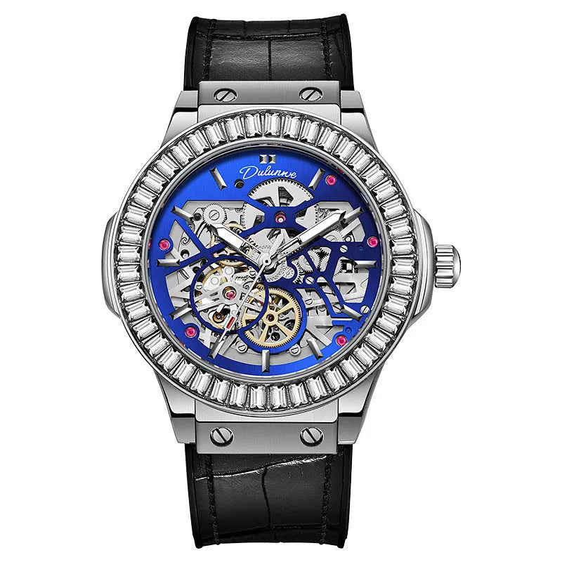 Men's automatic mechanical watch with diamond studding and hollow movement design on wrist