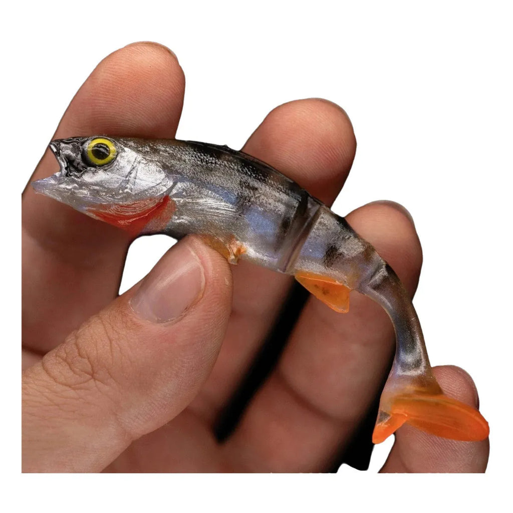 Two Luer Soft Lure artificial baits in fish colour with Fish T tails on a blue background