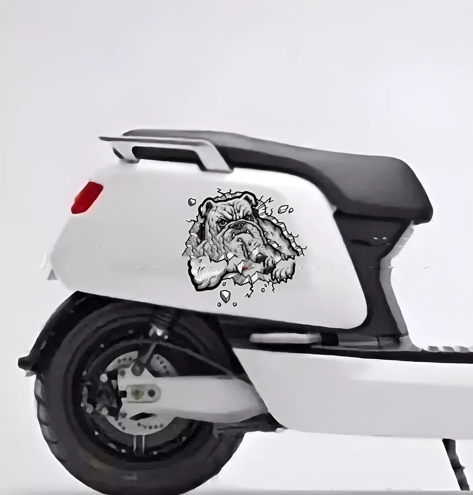 Grey dog pattern motorcycle decorative sticker showing 17cm square dimensions with customisable size options