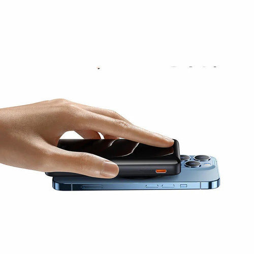 Blue 3-in-1 slim magnetic power bank showing wireless charging surface and compact size