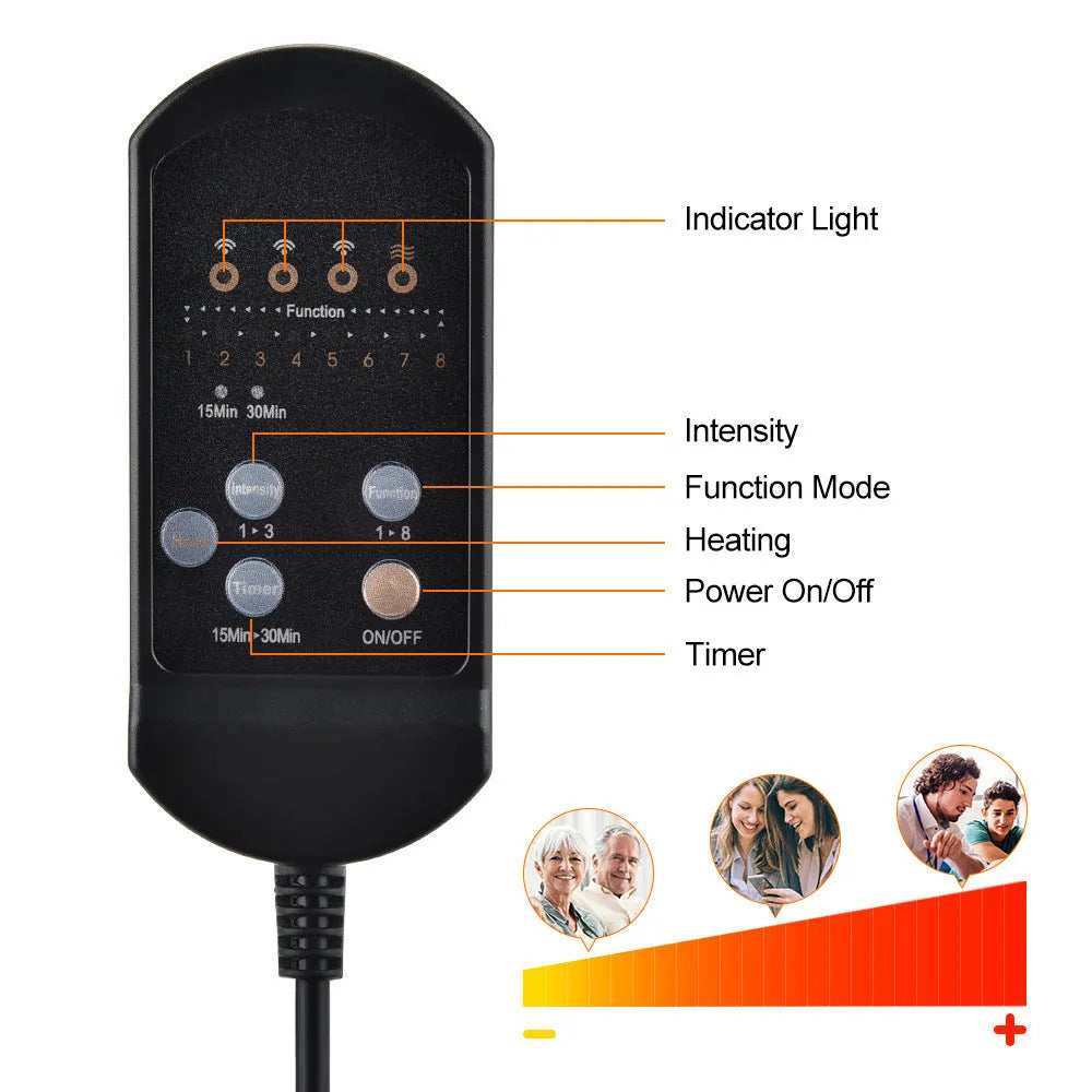 Black electric cervical vertebra massager with wireless remote control on a table.