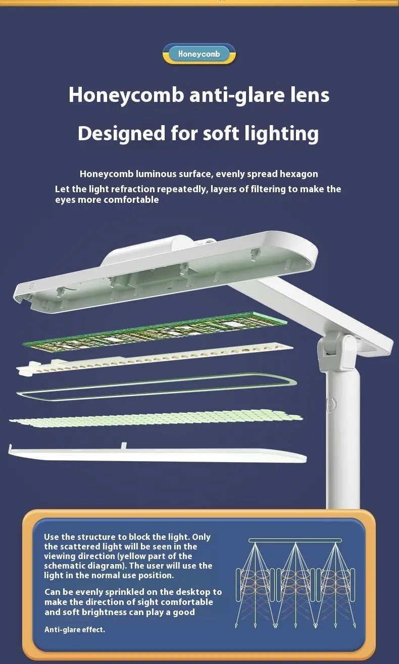 A white adjustable table lamp with a bookshelf design, shown on a desk, highlighting its dual-power and colour temperature features.
