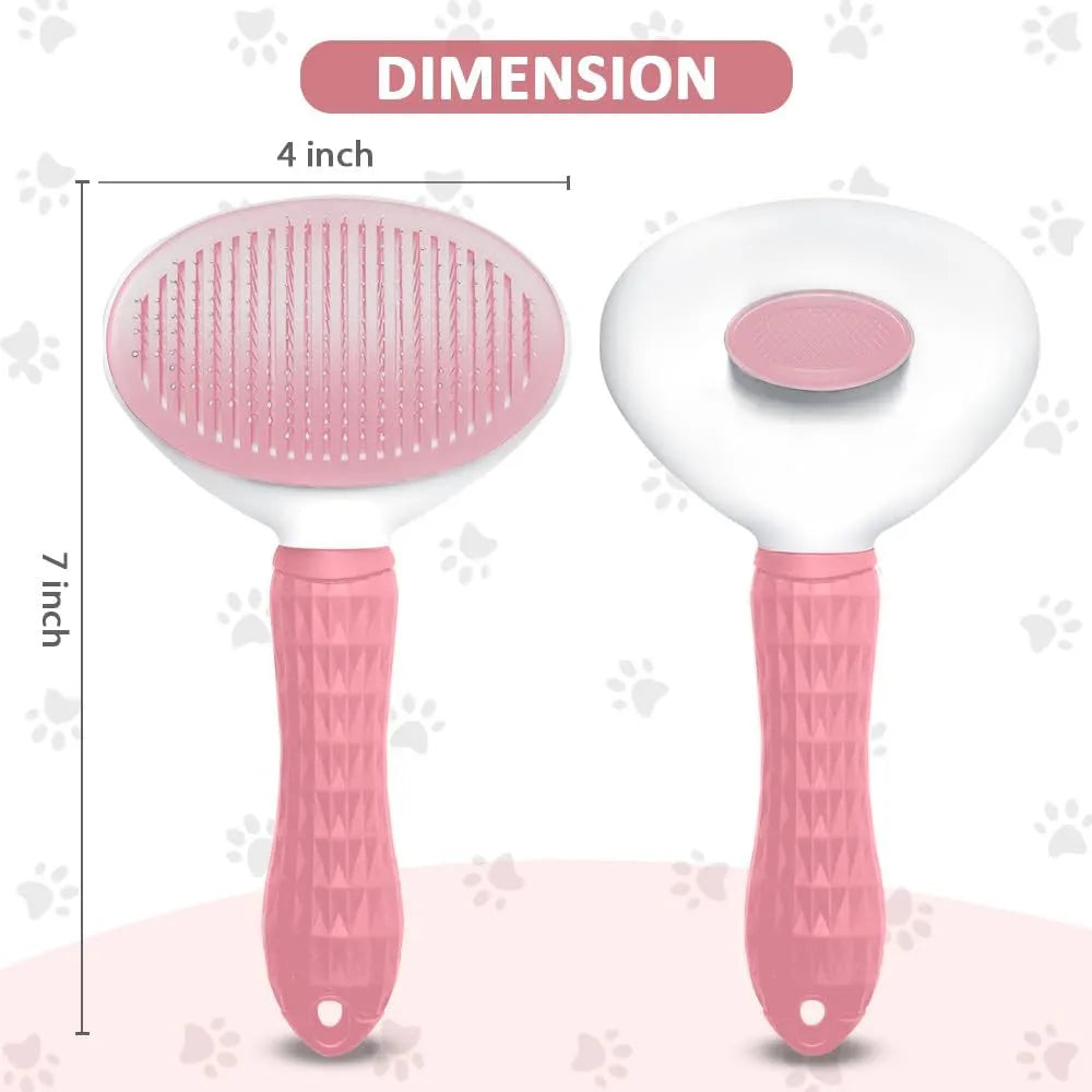 Cat grooming brush with release button in blue, grey, or pink colours for removing loose hair