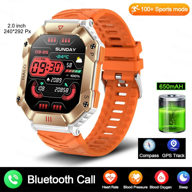 Android smart watch with titanium case on wrist, showing black camouflage strap option and display.
