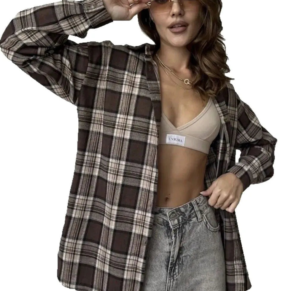 Dark brown striped women's retro style cotton shirt with long sleeves