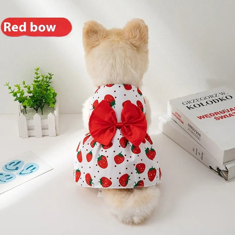Ultra-thin light orange polyester pet dress for dogs or cats with a floral butterfly knot and bow.