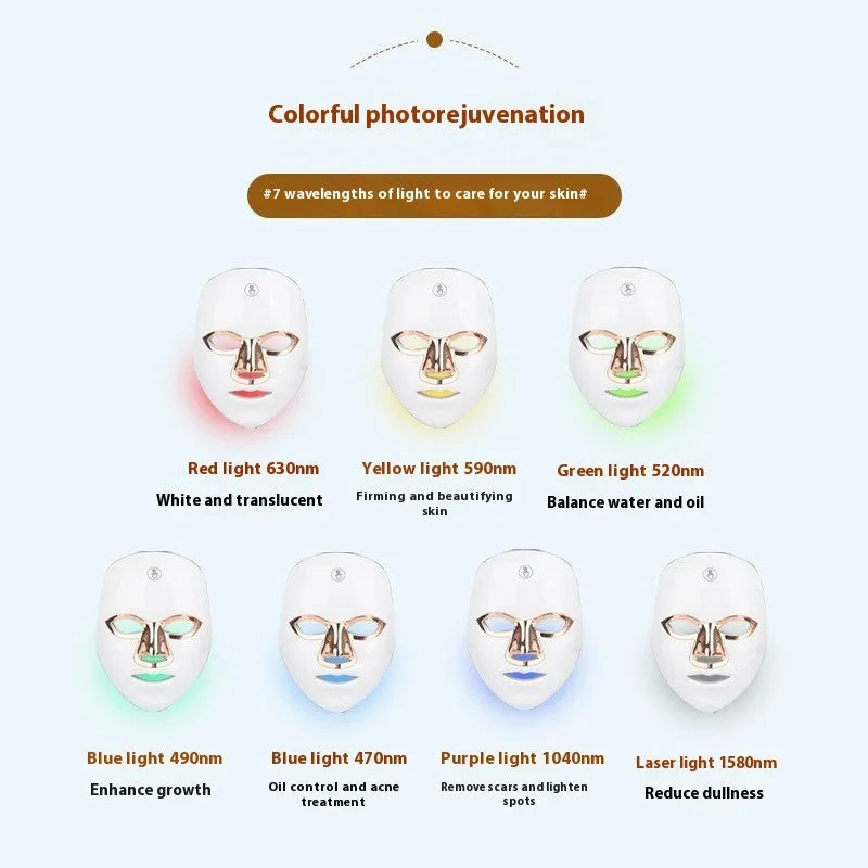 Rechargeable manual touch LED beauty mask in white with gold rim, showing charging cable and strap.