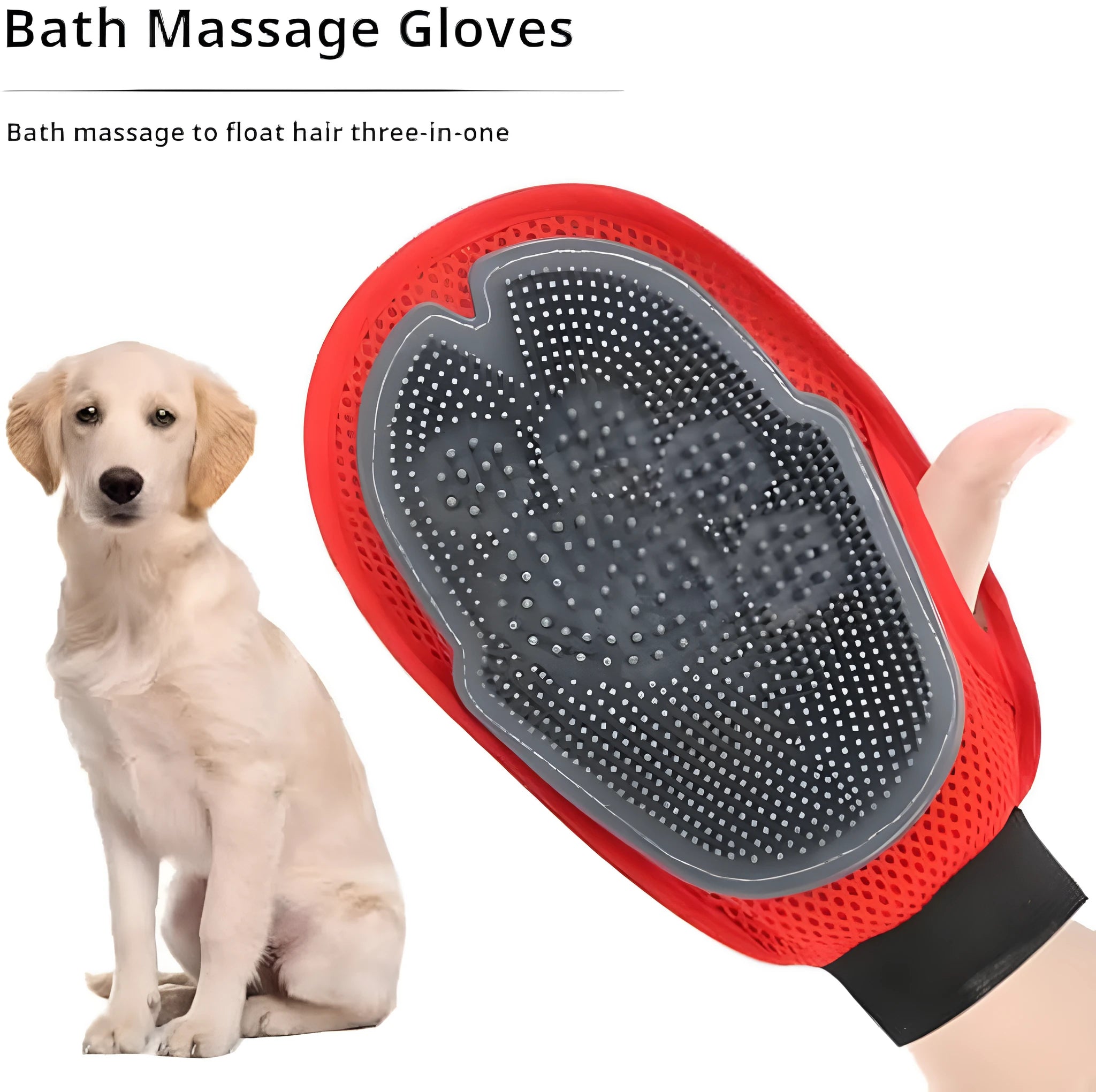 Red pet bathing glove with integrated brush bristles for washing and grooming dogs or cats