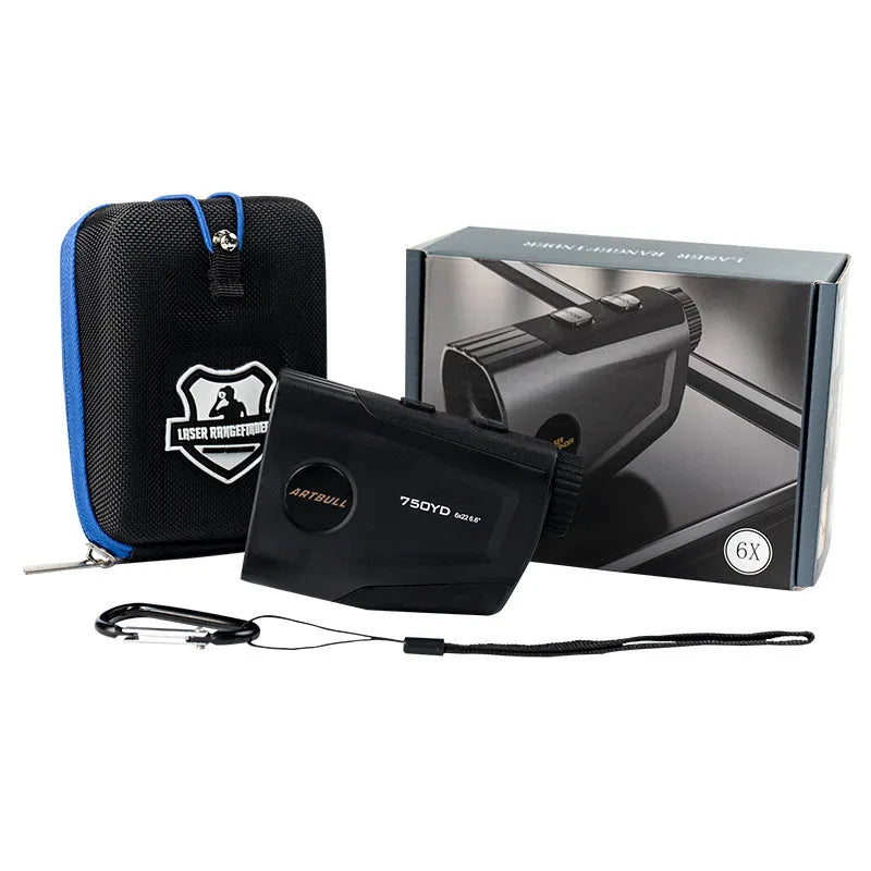 A rechargeable golf laser rangefinder with LCD display, shown with its Type-C charging cable.