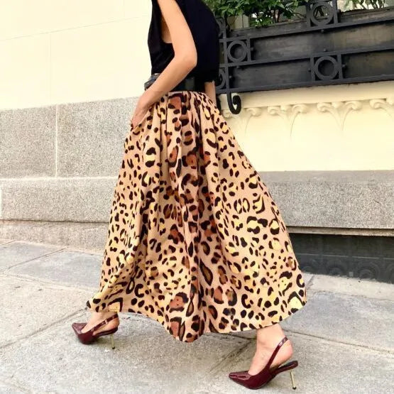 Women's brown leopard print A-line skirt with big hem in polyester fabric