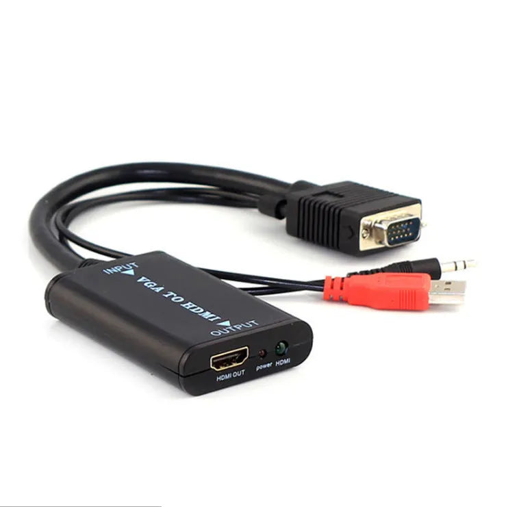 Black VGA to HDMI female converter with USB power input and 3.5mm audio jack