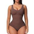 Seamless women's shaping bodysuit in nylon fabric shown in apricot colour.