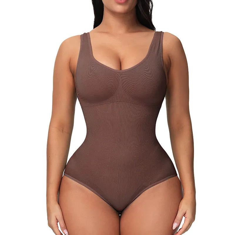 Seamless women's shaping bodysuit in nylon fabric shown in apricot colour.