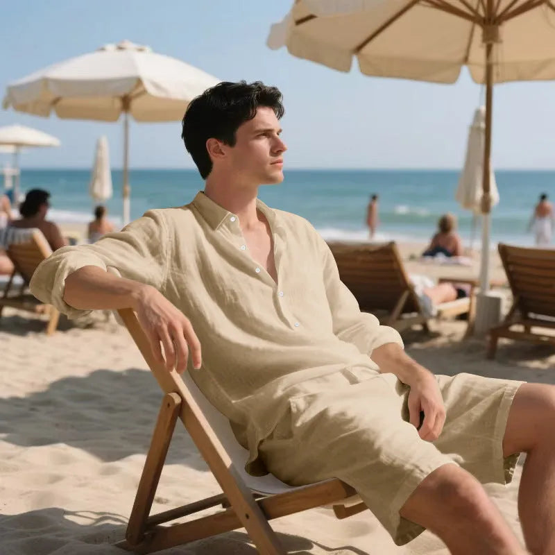 Linen casual long sleeve shirt and shorts beach set shown in one of five colour options.